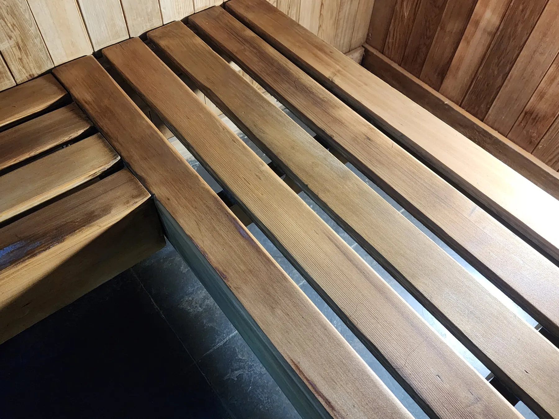Close-up of the finished, waxed bench boards