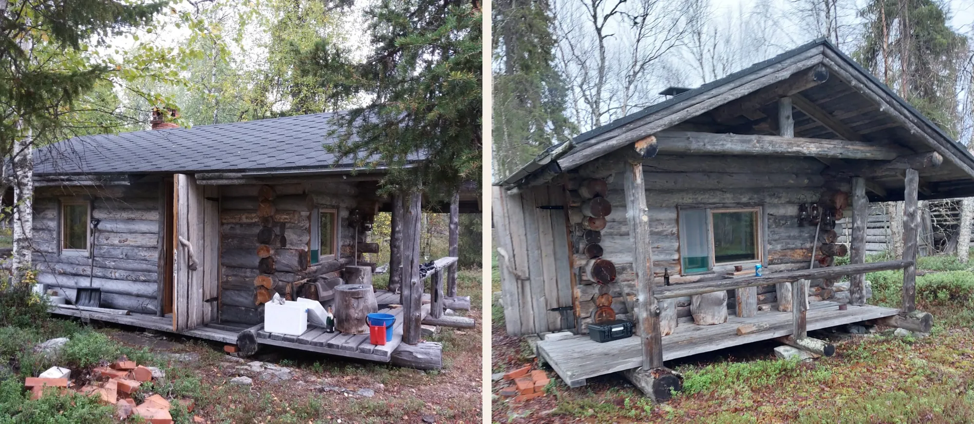Two traditional log sauna cabins in a Finnish Lapland forest
